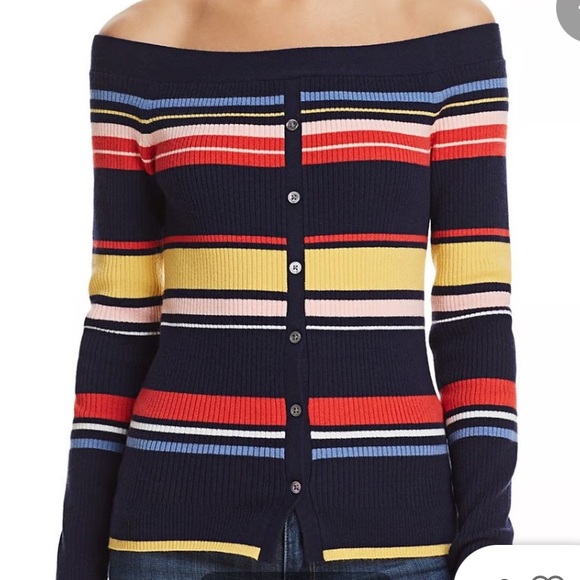 Frame Women’s Navy Multi Color Stripe Off The Shoulders Buttoned Sweater XS - Picture 4 of 12